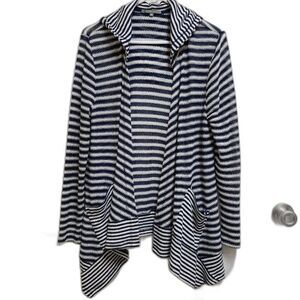 RETROology Women Navy White Striped Hooded Cardigan Sweater M Lagenlook Nautical